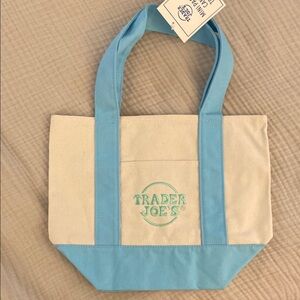Trader Joe’s Mini Stylish Blue and Cream Tote Bag with Durable Canvas NWT